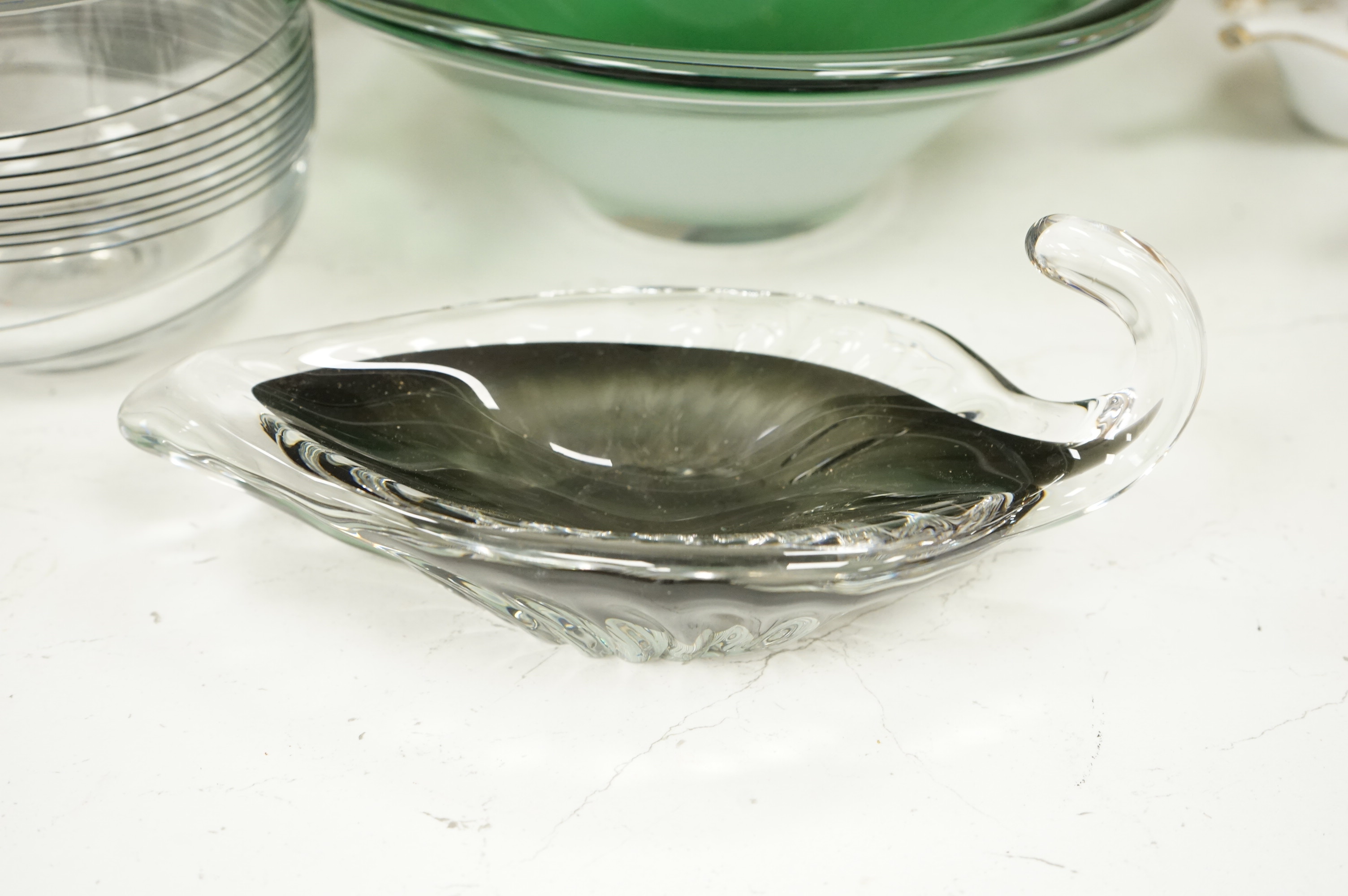 Bertil Vallien for Kosta Boda, an art glass bowl and vase, Holmegaard smoke-glass vase, Ken Benson vase and two other items, largest 31cm wide